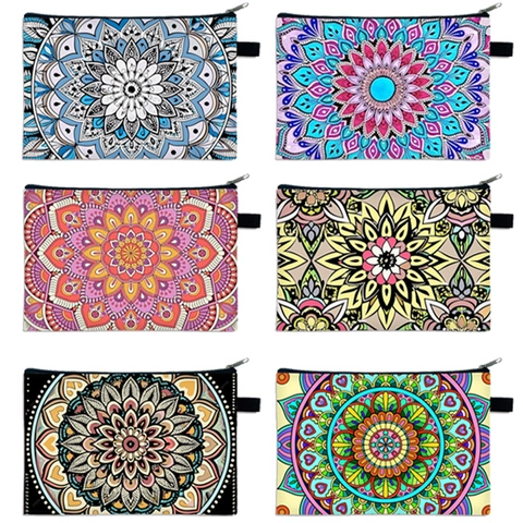 Mandala Print Polyester Makeup Bag Large Capacity Cosmetic Pouch Travel Organizer Women Zipper Closure Accessory Case