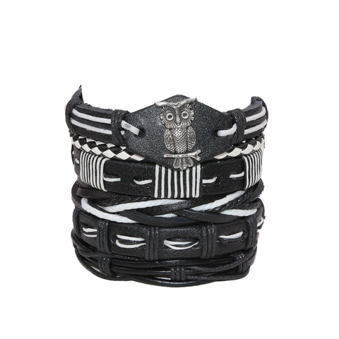 Bracelet Homme Multicouche Cuir Tressé Corde De Cire Alliage Hibou Arbre De Vie Charme Ajustable Vintage Cadeau