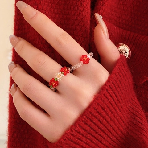 Handgefertigter Perlenring Mit Blumen Bunten Glasperlen Elastisch Einfacher Modischer Süßer Schmuck Für Damen Mädchen