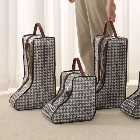 Portable Shoe Storage Bags Dustproof Boot Bags With Transparent Window Zippered Handle Travel Home Houndstooth Mesh