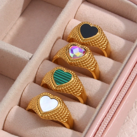 Herz Ring Edelstahl 18K Vergoldet Zirkonia Malachit Muschel Onyx Inlay Gedrehtes Geflochtenes Band Modeschmuck Für Frauen