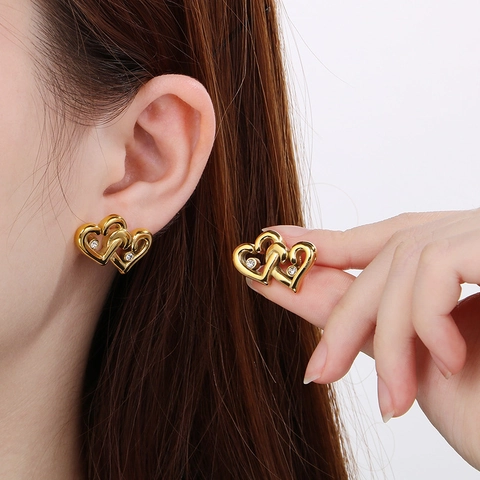 Joyería Corazones Entrelazados Collar Y Pendientes Acero Inoxidable Rhinestone Hueco Elegante Moda Para Mujeres Brillante