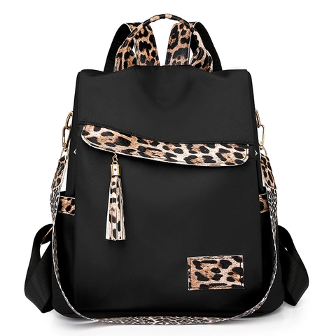 Fashion Women Backpack Nylon Leopard Print Tassel Waterproof Large Capacity Travel Rucksack Casual Versatile Daypack