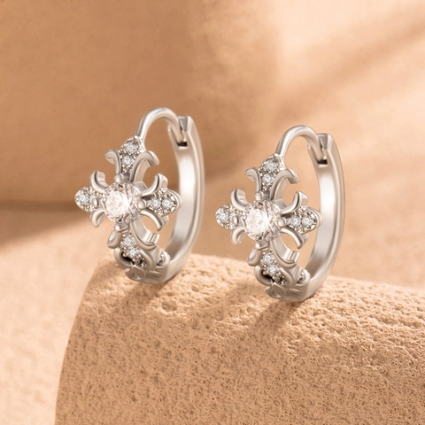 Orecchini A Cerchio Huggie Fiore Croce Rame Micro Intarsiato Zircone Vintage Minimalista Gioielli Per Uomo Donna