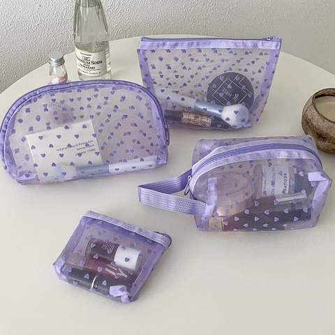 Neceser Maquillaje Malla Corazón Flocado Púrpura Transpirable Transparente Organizador Cosméticos Bolsa Almacenamiento Viaje