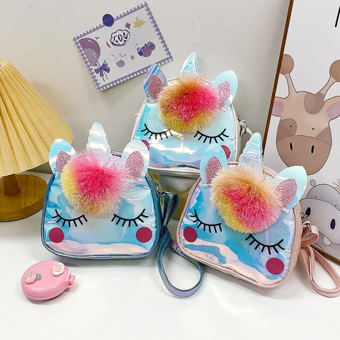 Borsa Tracolla Unicorno Bambini Pelle PU Laser Orografico Pompon Colorato Ciglia Borsa Messaggero Piccole Ragazze
