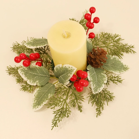Christmas Candle Ring Wreath LED Candle Holder With Red Berries Pine Cones Artificial Frosted Greenery Tabletop Decor