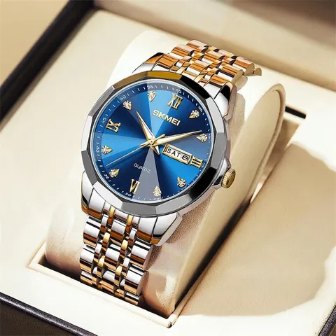 Skmei Lujo Negocios Hombre Mujer Reloj de Cuarzo Correa de Acero Inoxidable Impermeabile Pantalla de Día Fecha Strass Números Romanos Reloj de Pulsera