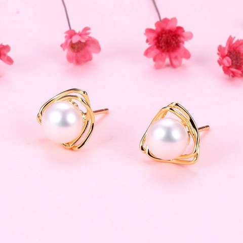 Orecchini A Lobo Cavi A Triangolo Geometrico Con Perla de Agua Dulce Naturale D'Acqua Dolce E Perno In Argento Sterling 925 Gioielli
