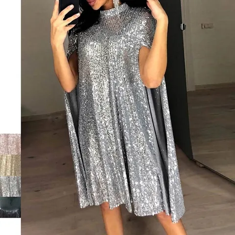 Women Elegant Polyester Sequin Dress Mock Neck Cape Sleeve Loose Midi Dress Sparkling Party Banquet Evening Dress