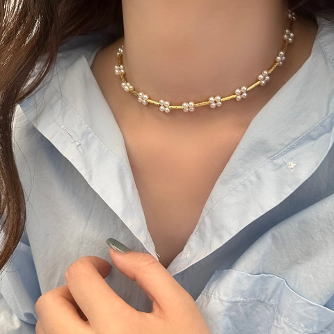 Artificial Pearl Flower Necklace Minimalist Elegant Gold Silver Plated Copper Clavicle Chain Jewelry For Women