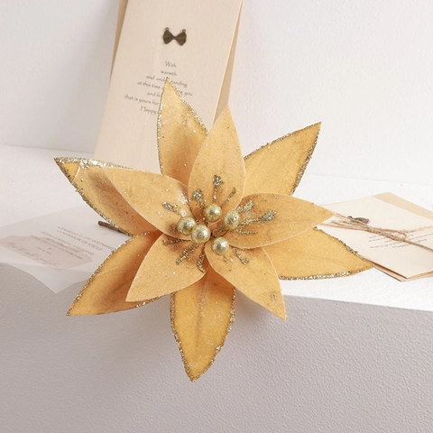 Fleurs De Poinsettia Artificielles De Noël Pailletées Velours Flocage Décoration Florale Maison Fête Ornement Festif Avec Tige