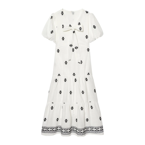 Floral Bestickt Midi Kleid Baumwollmischung V-Ausschnitt Schleife Verpuffte Ärmel Stufenrock Vintage Lolita