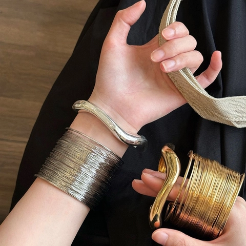 Alloy Irregular Wide Cuff Bracelet Exaggerated Multi Layer Wire Open Bangle Minimalist Arm Cuff Jewelry For Women