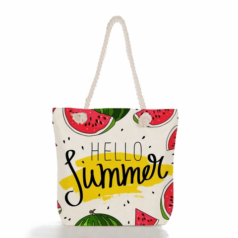 Women Fruit Print Canvas Tote Bag Large Capacity Summer Beach Shoulder Bag Zipper Closure Rope Handle Travel Storage Bag