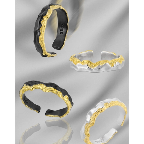 S925 Sterling Zilveren Ring Voor Dames Heren Onregelmatige Lava Textuur Tweekleurig Verguld Open Verstelbare Minimalistische Vingerring