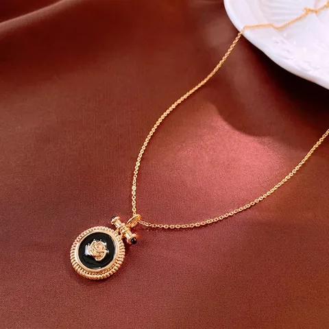 Vintage Rose Flower Pendant Necklace Double Layer Copper Gold Plated Enamel Charm With Beaded Chain Faux Artificial Pearls For Women