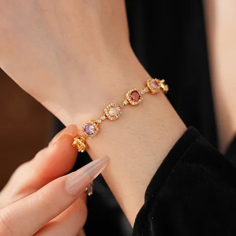 Vintage Square Multi Colored Zircon Bracelet Copper Gold Plated Halo Setting Retro Luxury Elegant Jewelry For Women
