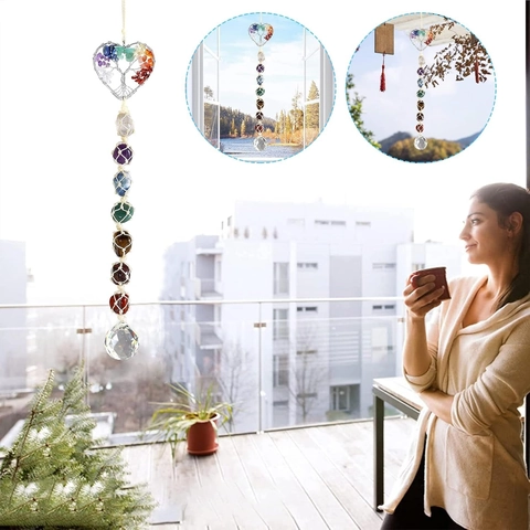 Seven Chakra Tree Of Life Natural Stone Suncatcher Hanging Ornament Crystal Ball Prism Rainbow Maker Healing Home Decor