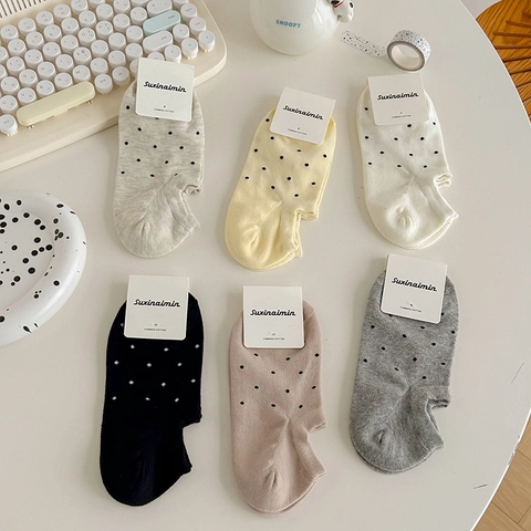 Women Polka Dot Low Cut Boat Socks Combed Cotton Invisible Non Slip Thin Breathable Summer Casual