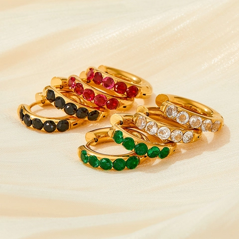 Huggie Hoop Earrings Stainless Steel Colorful Zircon Inlaid Vintage Luxury Geometric Jewelry For Women