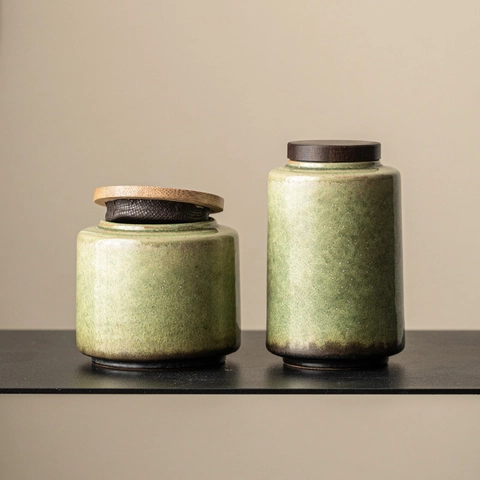 Ceramic Tea Canister Starry Green Kiln Glaze Airtight Wood Lid Storage Jar Retro Zen Style Porcelain Food Container