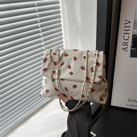Sac À Épaule Vintage Imprimé Fleurs Fraises Femme Velours Côtelé Jacquard Chaîne Sac Bandoulière Mode