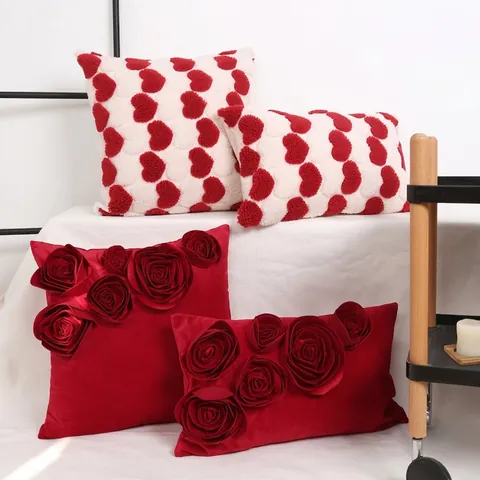 Romantische 3D Rose Blume Herz Muster Samt Plüsch Dekorative Kissenbezüge Für Hochzeit Valentinstag Sofa Dekor