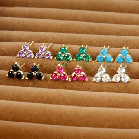 Clover Stud Earrings Copper With 925 Sterling Silver Earring Post Zirconia Rhinestone Cluster Geometric For Women