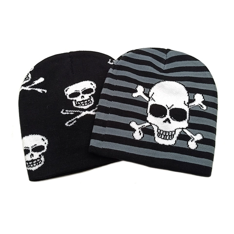 Skull Pattern Knit Beanie Hat Acrylic Striped Winter Warm Punk Goth Streetwear For Halloween