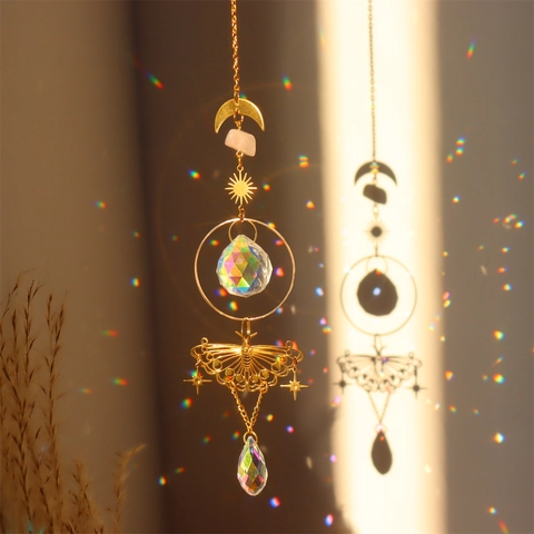 Crystal Suncatcher Hanging Ornament Brass Butterfly Moth Moon Rose Quartz Prism Rainbow Maker Window Garden Boho Decor