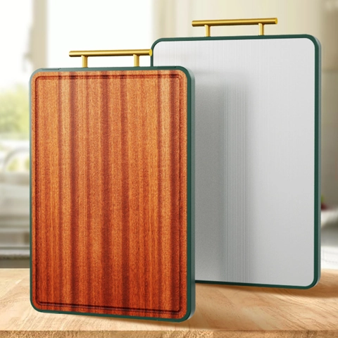 Double Sided Cutting Board Ebony Wood And Stainless Steel Antibacterial Anti-Mold Kitchen Non-Slip TPR Edge Gold Handle