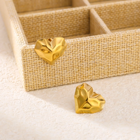 Orecchini A Lobo A Cuore In Acciaio Inossidabile Placcato Oro 18K Testurizzati 3D Geometrici Martellati Da Donna