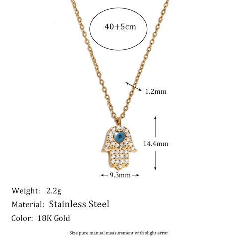 Vintage Stainless Steel 18K Gold Plated Evil Eye Hamsa Hand Pendant Necklace For Women Rhinestone Inlaid Fashion Jewelry Gift