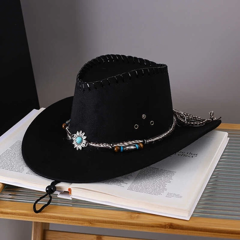 Retro Western Cowboy Hat Wool Felt With Turquoise Beads Sunflower Buckle Ethnic Bohemian Outdoor Sun Hat Unisex Adjustable