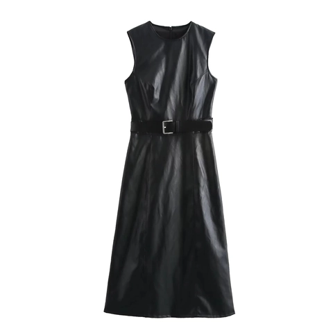 Sleeveless Faux Leather Midi Dress Round Neck Solid Black With Belt Elegant Streetwear For Women