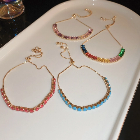 Adjustable Tennis Bracelet Copper Gold Plated Square Cubic Zirconia Colorful Geometric Bolo Slider Jewelry For Women