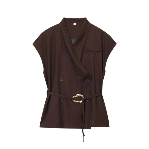Damen Minimalist Zweireihig Ärmellos Top Und Hohe Taille Weithose Für Büro Streetwear Casual Anzug Einfarbig Kaffee