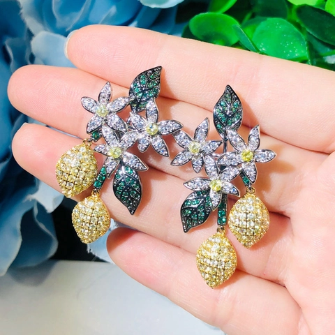 Boucles d'Oreilles Pendantes Style Coréen en Cuivre et Zirconia Fleur Citron Avec Tige en Argent Sterling 925 pour Femme Bijoux de Fête de Luxe
