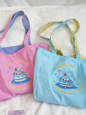 Kawaii Canvas Tote Bag Damen Große Kapazität Schulterhandtasche Mit Tortenstickerei Und Karo-Futter Frische Alltagstasche