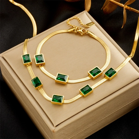 Vintage Titanium Steel Emerald Green Square Rhinestone Necklace Bracelet Jewelry Set For Women Gold Plated Snake Chain