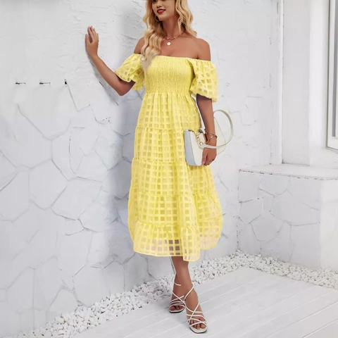 Women Summer Off Shoulder Maxi Dress Smocked Tiered Puff Sleeve Checkered Textured Beach Vacation Elegant Sweet Lady