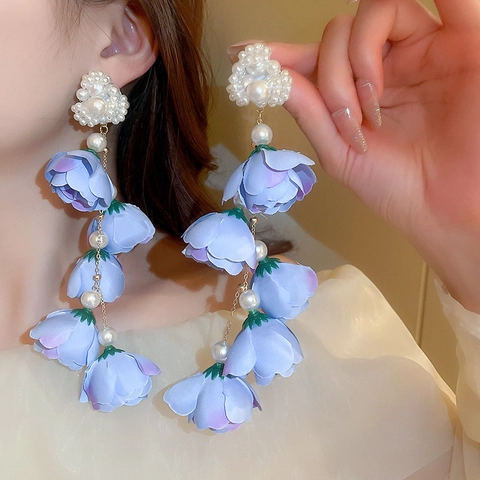 Long Tassel Earrings Fabric Flower Imitation Artificial Pearl Silver Earring Post Sweet Vacation Style Elegant Jewelry For Women