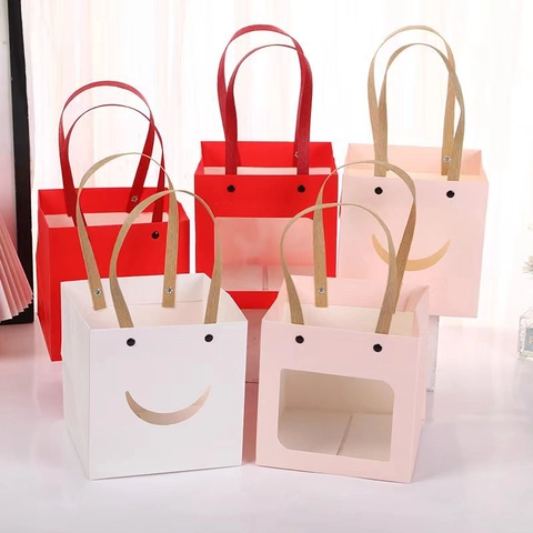 Square Paper Gift Bags With Smile Face Cut-out And Clear Window Ribbon Handle For Wedding Birthday Party Flower Packaging