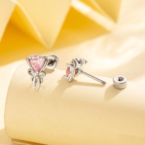 Titanium Steel Zircon Pink Heart Bowknot Ear Cartilage Stud Screw Back Body Piercing Jewelry Women Elegant