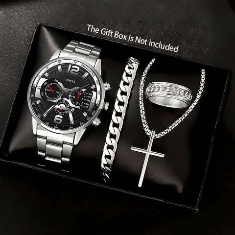 Montre À Quartz De Luxe Pour Homme Avec Bracelet En Acier Allié Collier Croix Bracelet Et Bague Bijoux De Mode