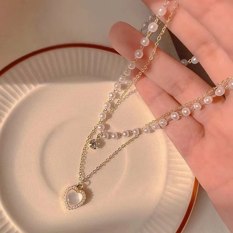 Collar De Doble Capa Con Aleación Perla Artificial Colgante De Corazón Ojo De Gato Zircón Elegante Dulce Genial Moda Para Mujeres