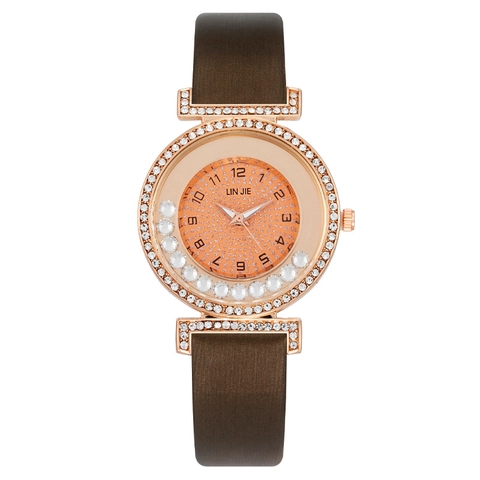 Fashion Luxury Women Quartz Watch Rose Gold Rhinestone Metal Case Scrolling Floating Crystals Leather Strap Elegant Dress Wristwatch For Ladies