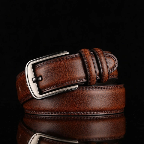 Classic Men Leather Belt Genuine Cowhide Waistband Alloy Pin Buckle Brushed Metal Texture Business Casual Retro Style
