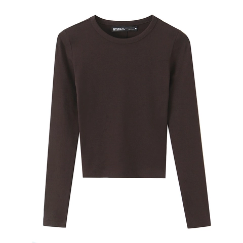 Women Long Sleeve T-Shirt Round Neck Ribbed Slim Fit Casual Solid Color Streetwear Basic Knitted Top